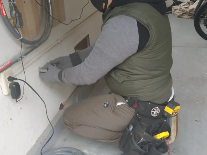 Electrician performing outlet wiring in a Northern Cambria garage